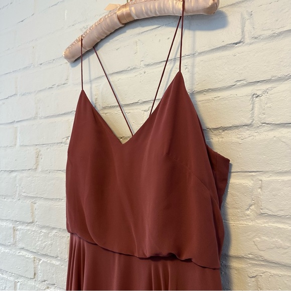 Jenny Yoo Inesse Thin Strap V Neck Long Chiffon Gown Cinnamon Rose - Picture 6 of 11